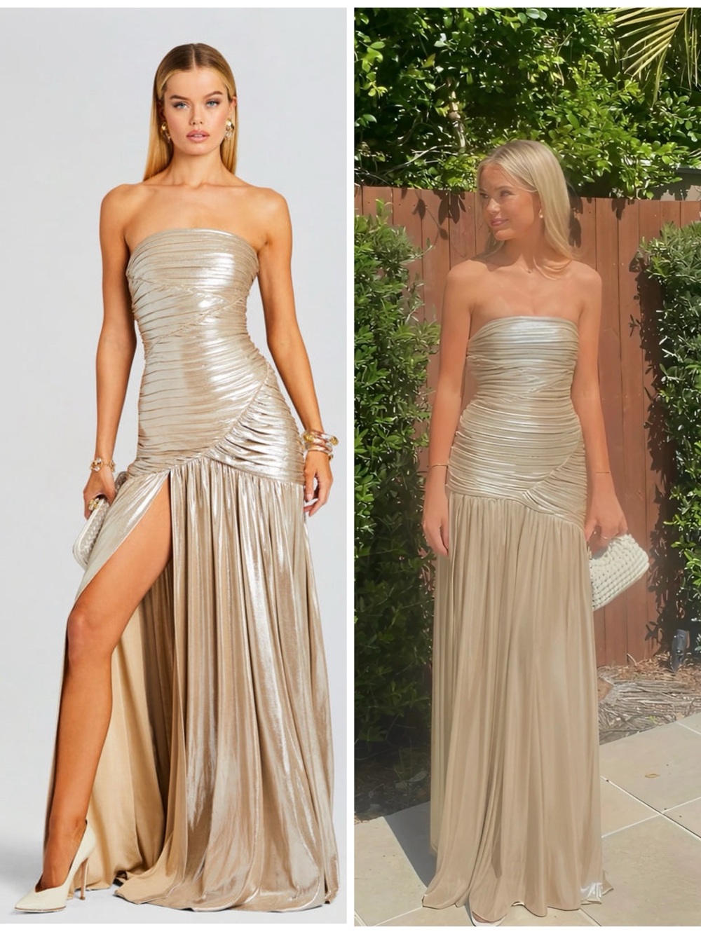NWT Retrotete Josie Metallic Ruched Draped Strapless Maxi Dress in Champagne S